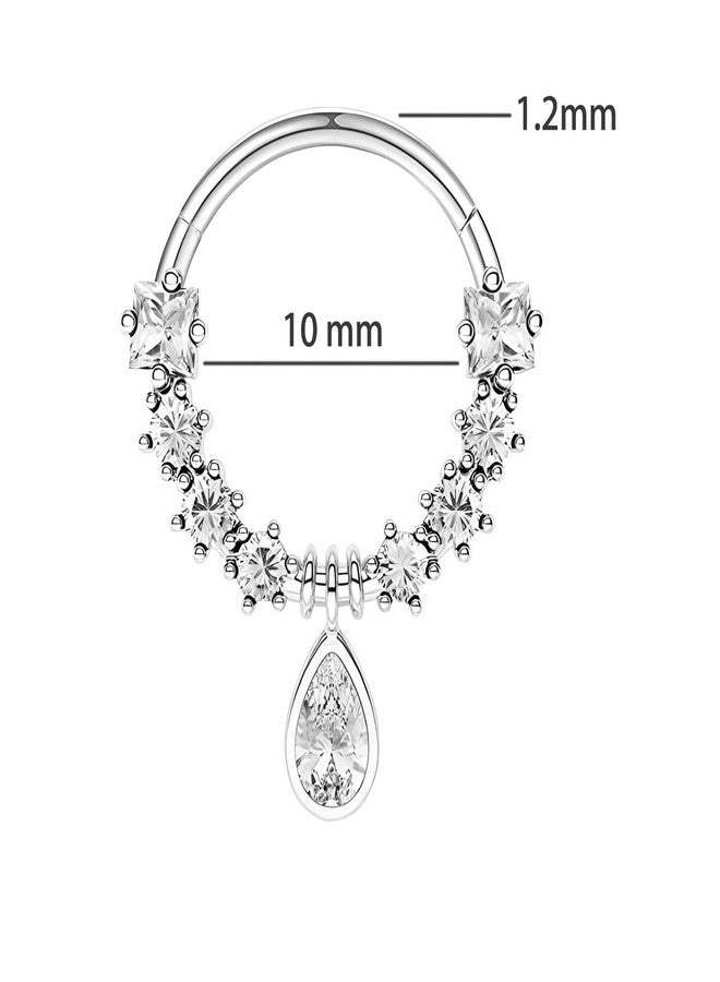 Decentraland 1 PC 16G Silver Diameter 10mm Elegant Dangle Nose Septum Ring 316L Stainless Steel with Clear Drop-Shaped CZ Hinged Segment Ring Cartilage Earrings Hoop Helix Tragus Piercing Jewerly for Women and Men - Image 2